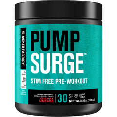 Jacked Factory Pumpsurge frontal mostrando envase y sabor Cherry Limeade, energía sin estimulantes
