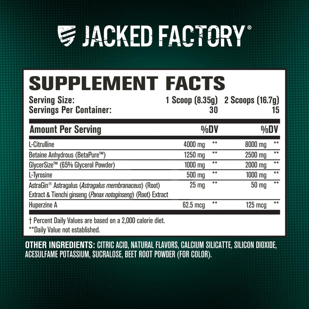 Envase de Pumpsurge junto a pesa para comparar tamaño, Jacked Factory 30 servicios