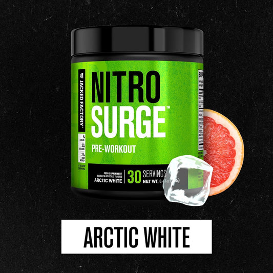 Jacked Factory polvo Nitrosurge textura fina mostrando solubilidad y calidad