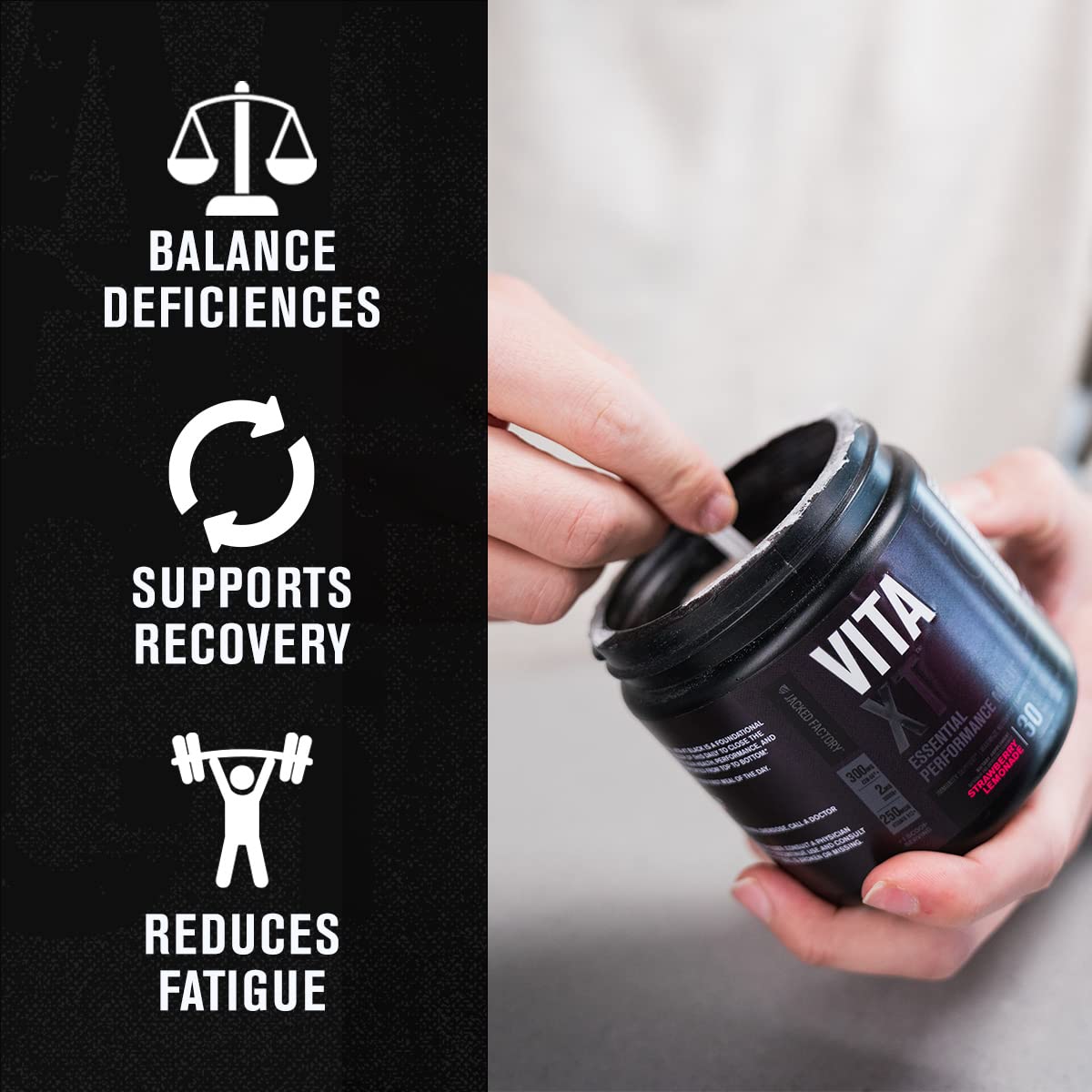 Etiqueta de Jacked Factory Vita XT con tabla nutricional y lista de ingredientes clave