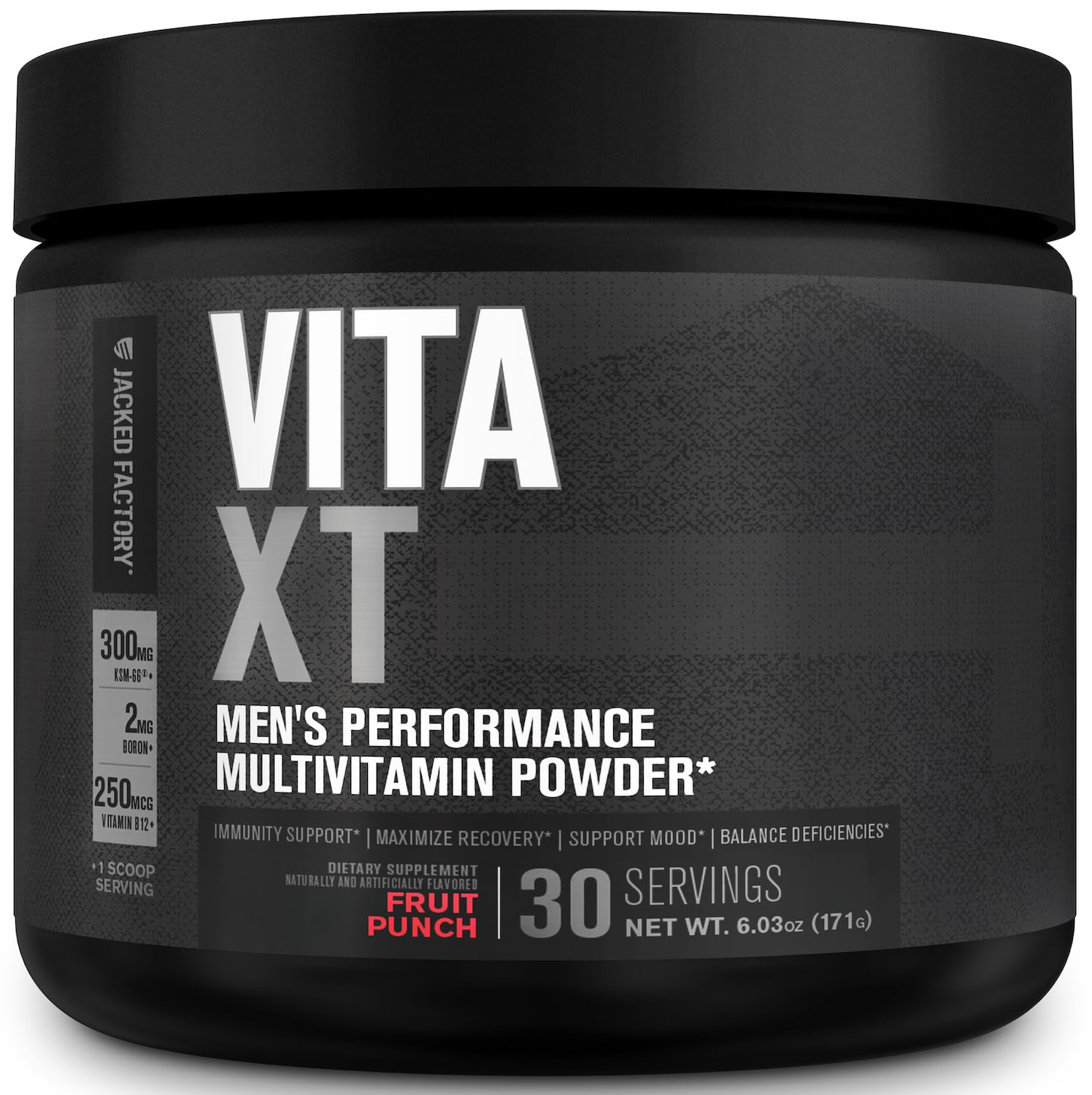 Jacked Factory envase frontal de Vita XT mostrando el sabor Fruit Punch y beneficios