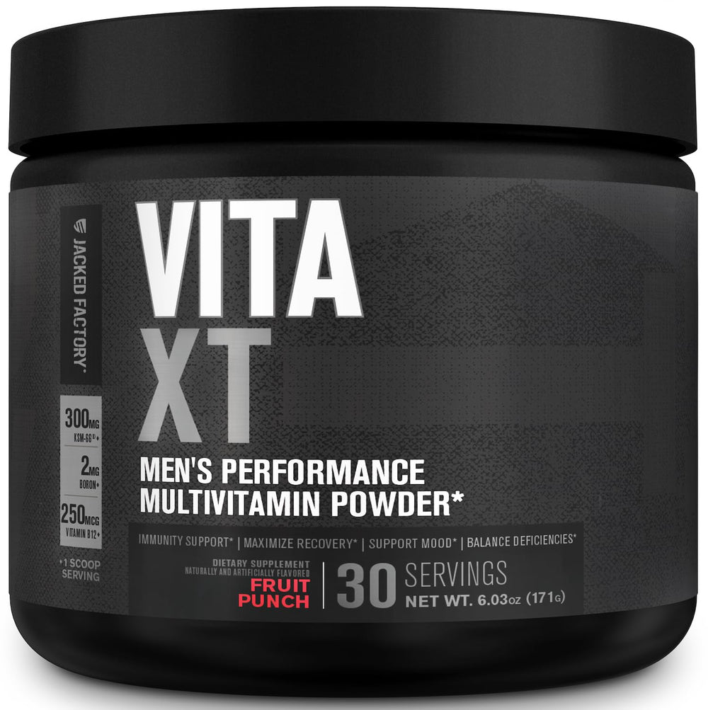 Jacked Factory envase frontal de Vita XT mostrando el sabor Fruit Punch y beneficios