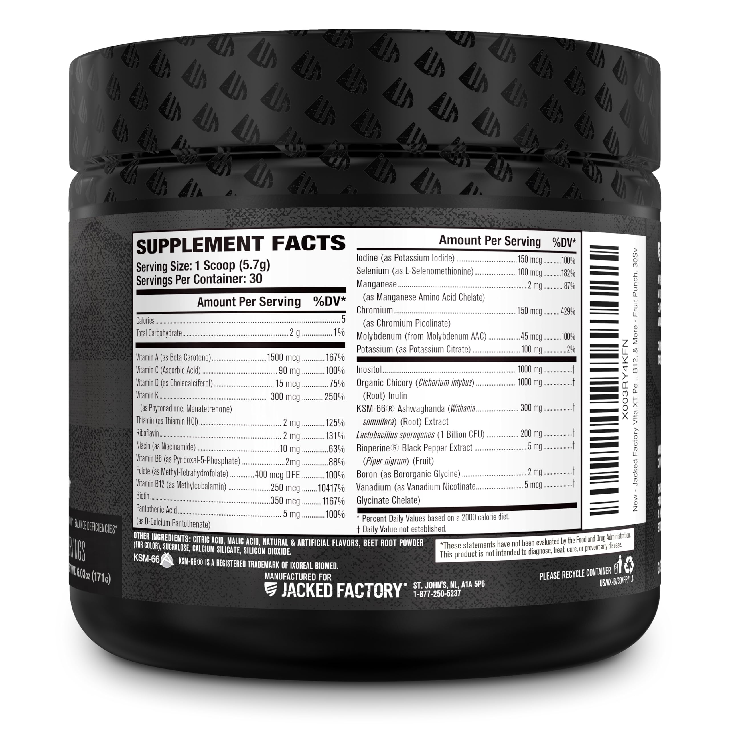 Primer plano de ingredientes clave como KSM-66 ashwagandha en Jacked Factory Vita XT