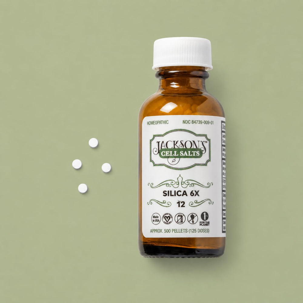 Jackson's Silicea 6X etiqueta legible con ingredientes simples y certificación vegana