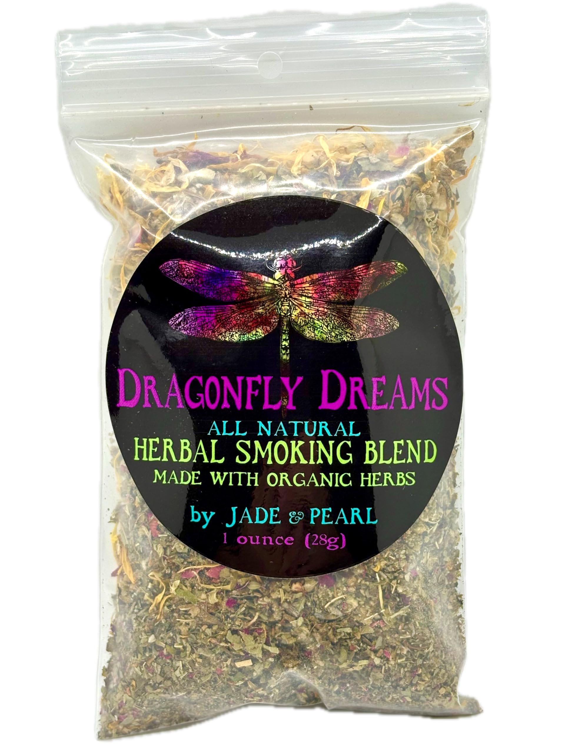 Jade & Pearl frente del empaque de Dragonfly Dreams bolsa resellable mostrando tamaño y marca