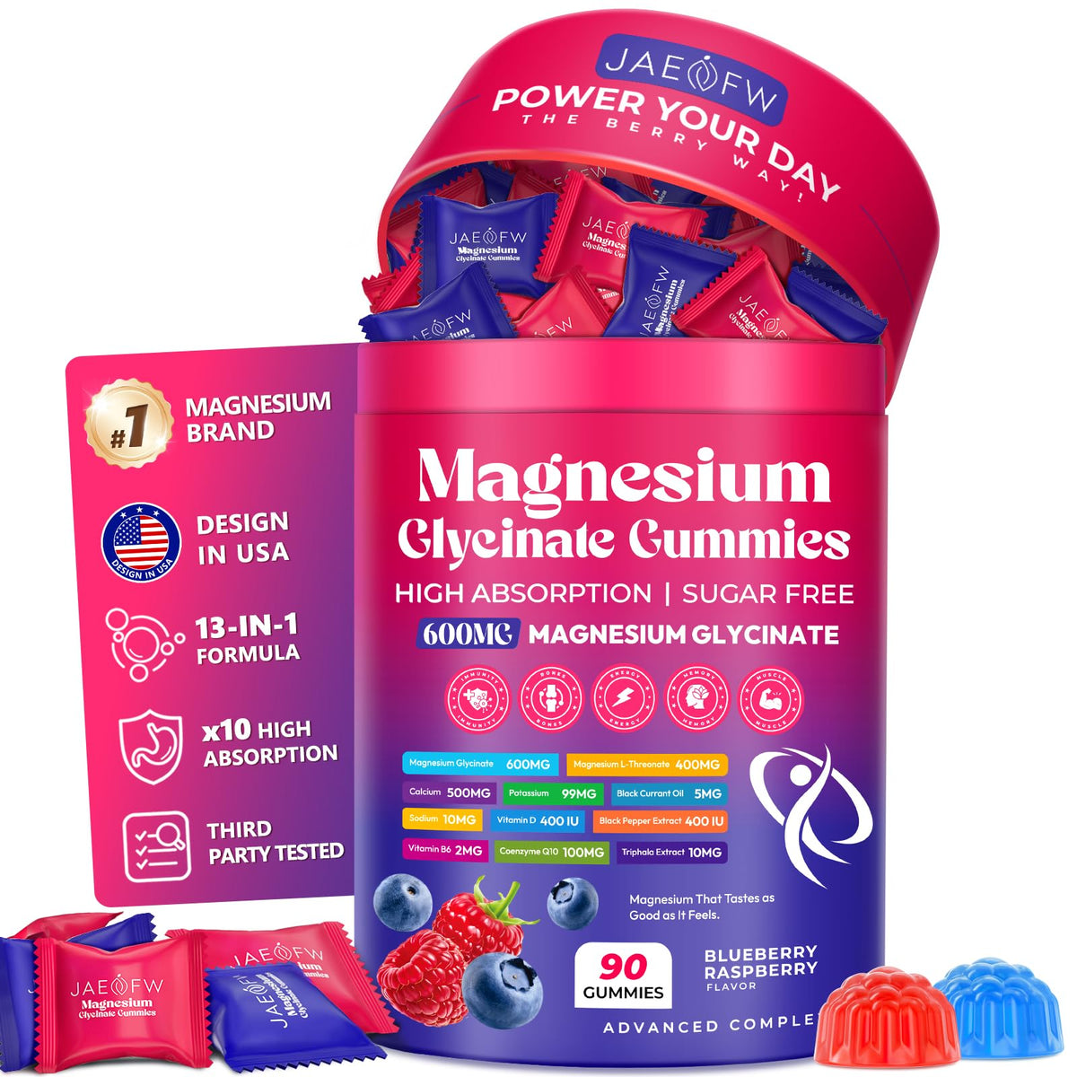 JAENFW gominolas magnesio frontal mostrando el envase y beneficios