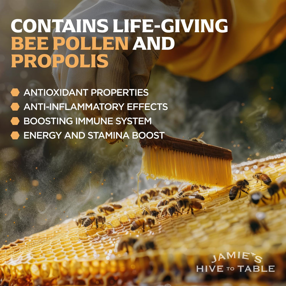 Jamie’s Hive to Table etiqueta y detalles de origen sostenible y pureza
