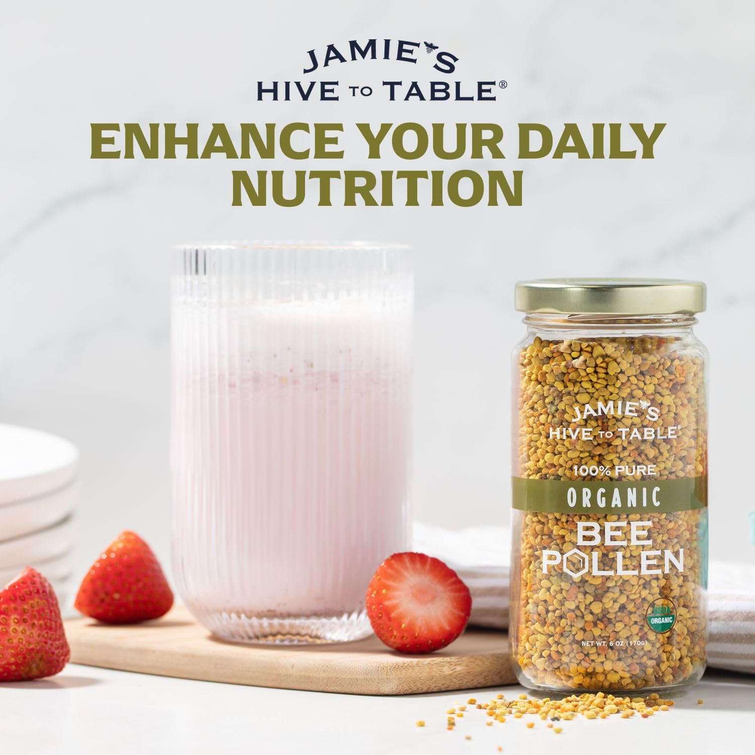 JAMIE'S HIVE TO TABLE tarro de polen en cocina para inspirar uso diario