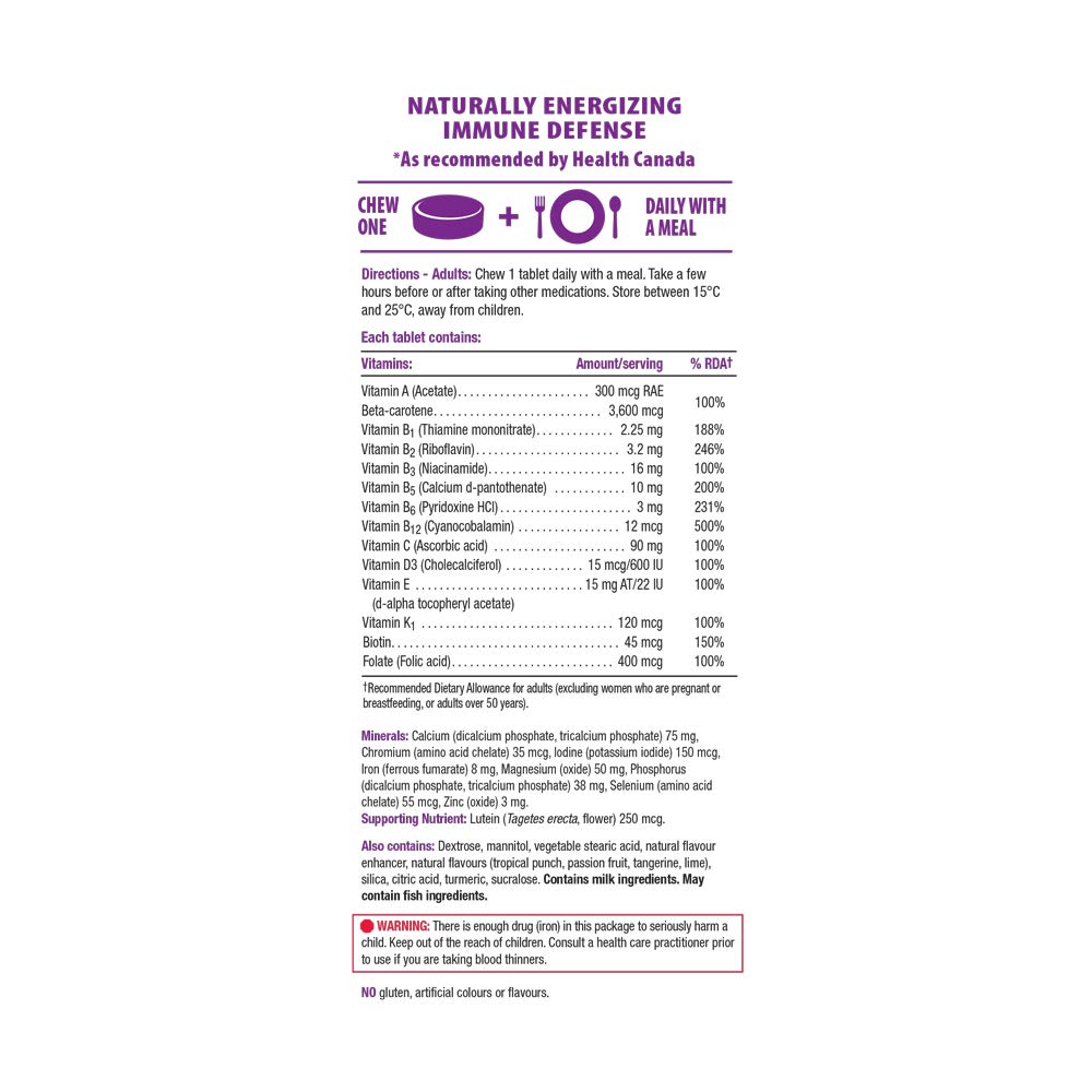 Jamieson etiqueta de ingredientes con lista de vitaminas y minerales clave