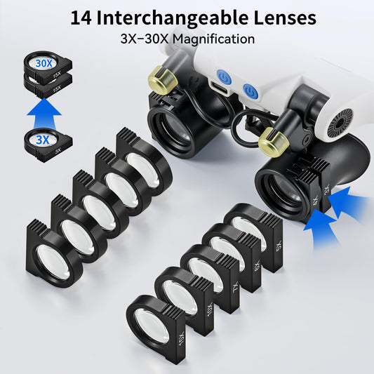 JARLINK primer plano de las 14 lentes intercambiables mostrando opciones de aumento