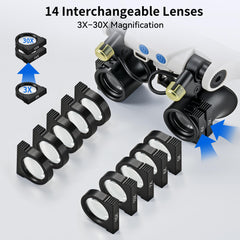 JARLINK primer plano de las 14 lentes intercambiables mostrando opciones de aumento