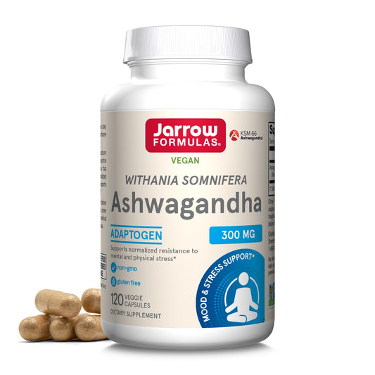 Jarrow Formulas frasco frontal que muestra la etiqueta y beneficio adaptógeno