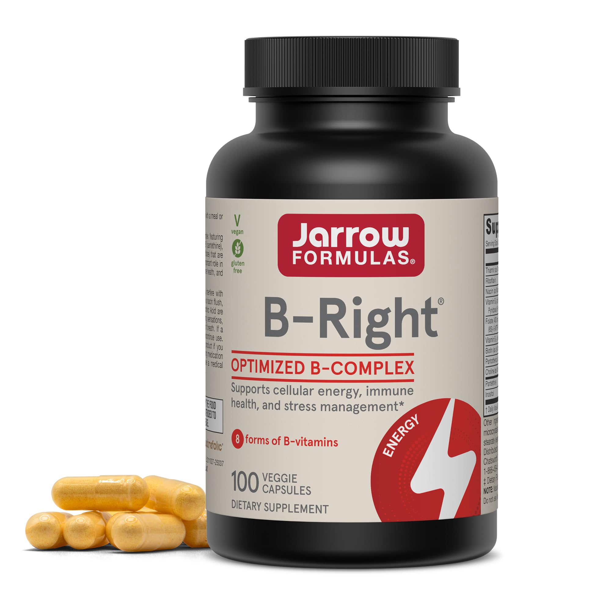 Jarrow Formulas B-Right vista frontal con envase y beneficio de energía