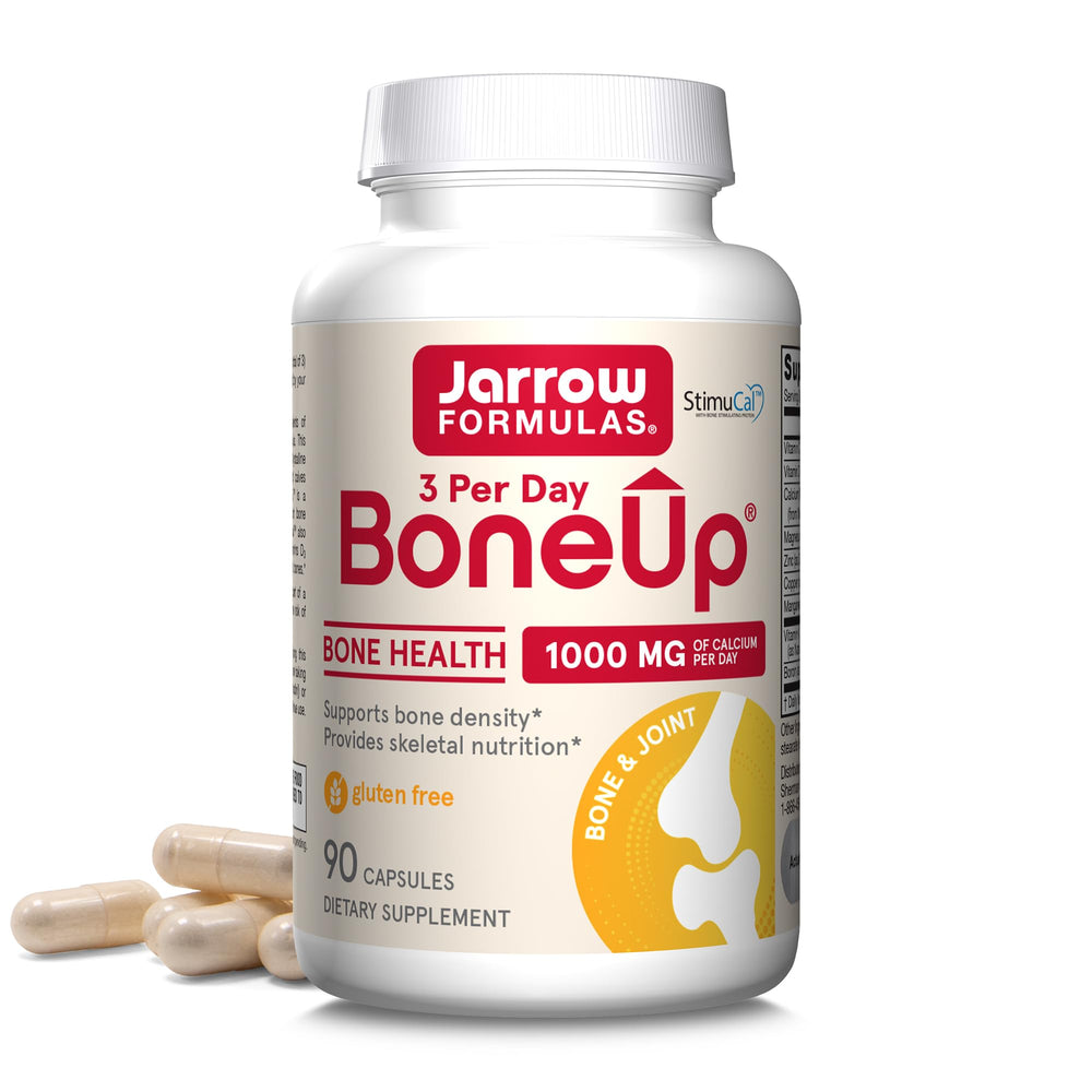 Jarrow Formulas envase frontal BoneUp Three Per Day, suplemento de calcio