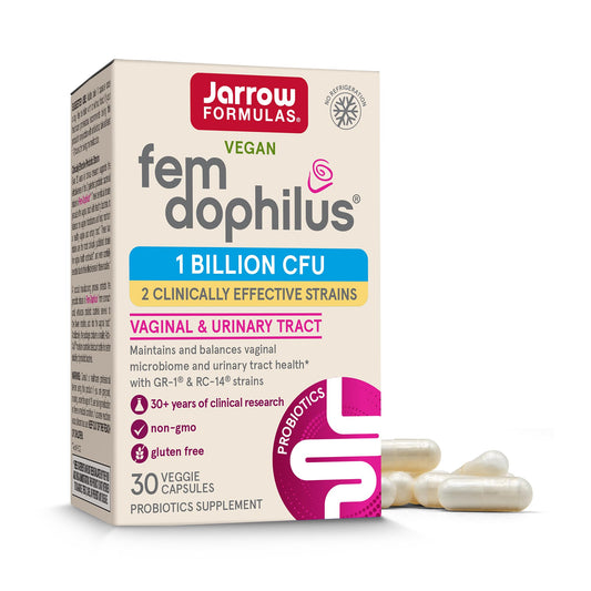 Jarrow Formulas paquete frontal mostrando FemDophilus y diseño claro para confianza