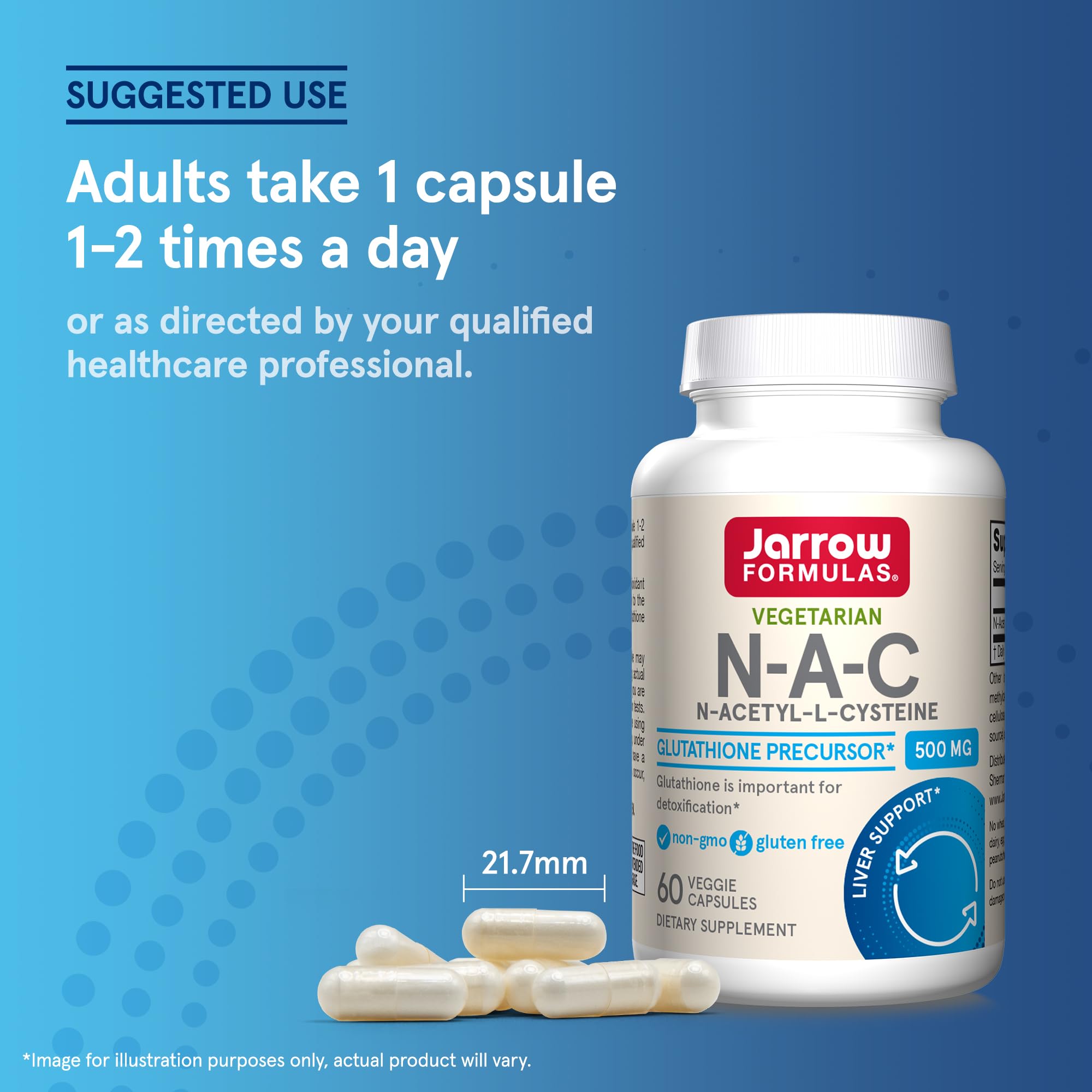Jarrow Formulas envase abierto con cápsulas apiladas, presentación de 60 unidades