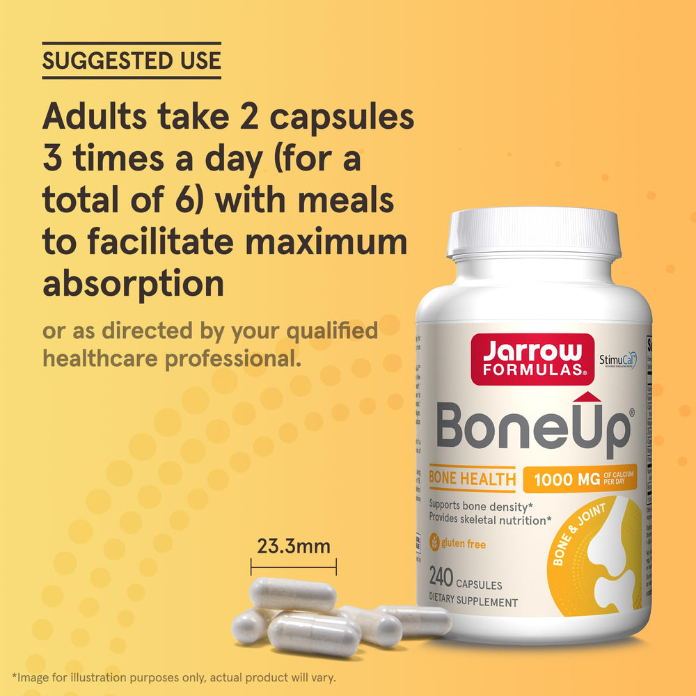 Jarrow Formulas BoneUp en uso con un vaso de agua, toma sencilla
