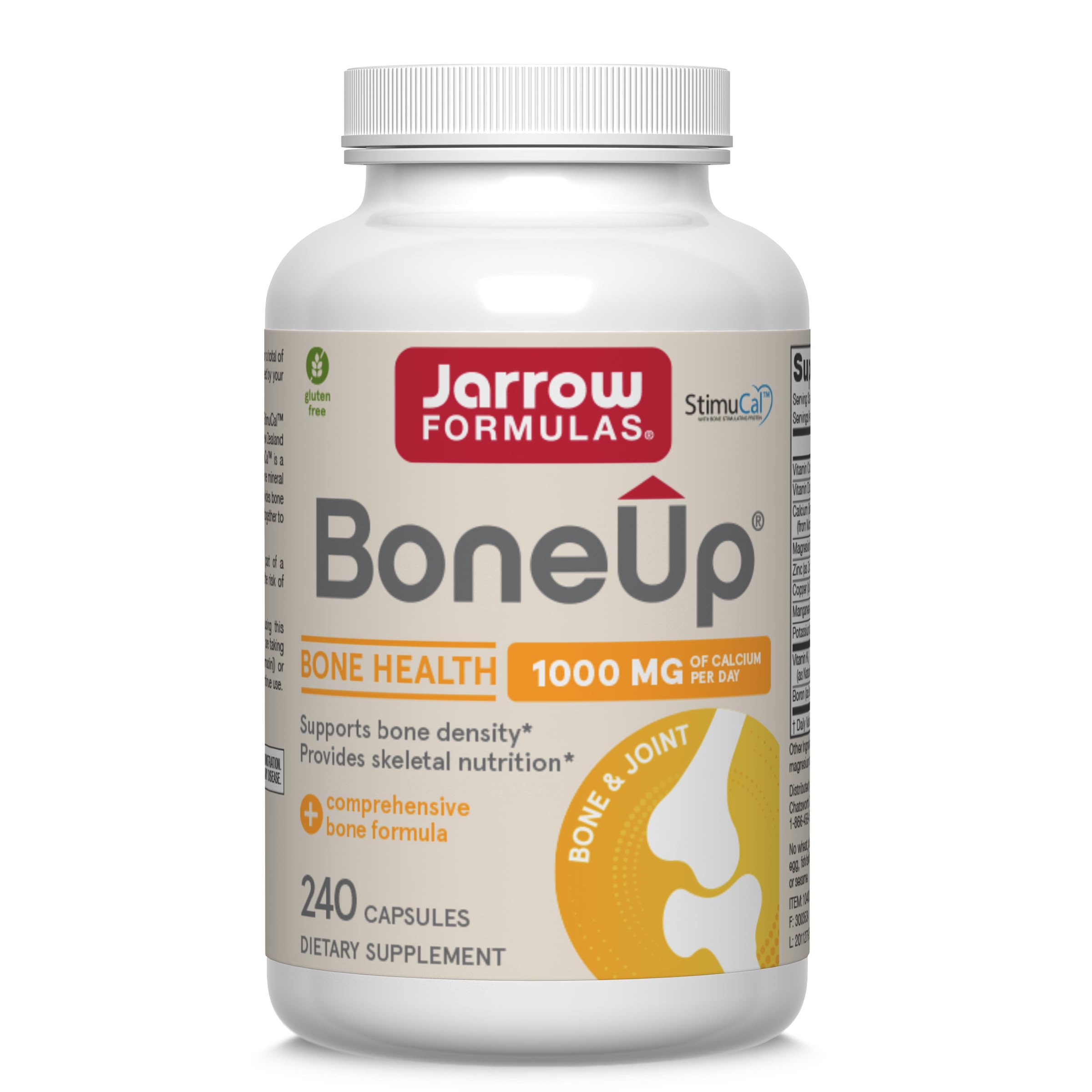 Jarrow Formulas BoneUp frente del envase, presentación clara y beneficios