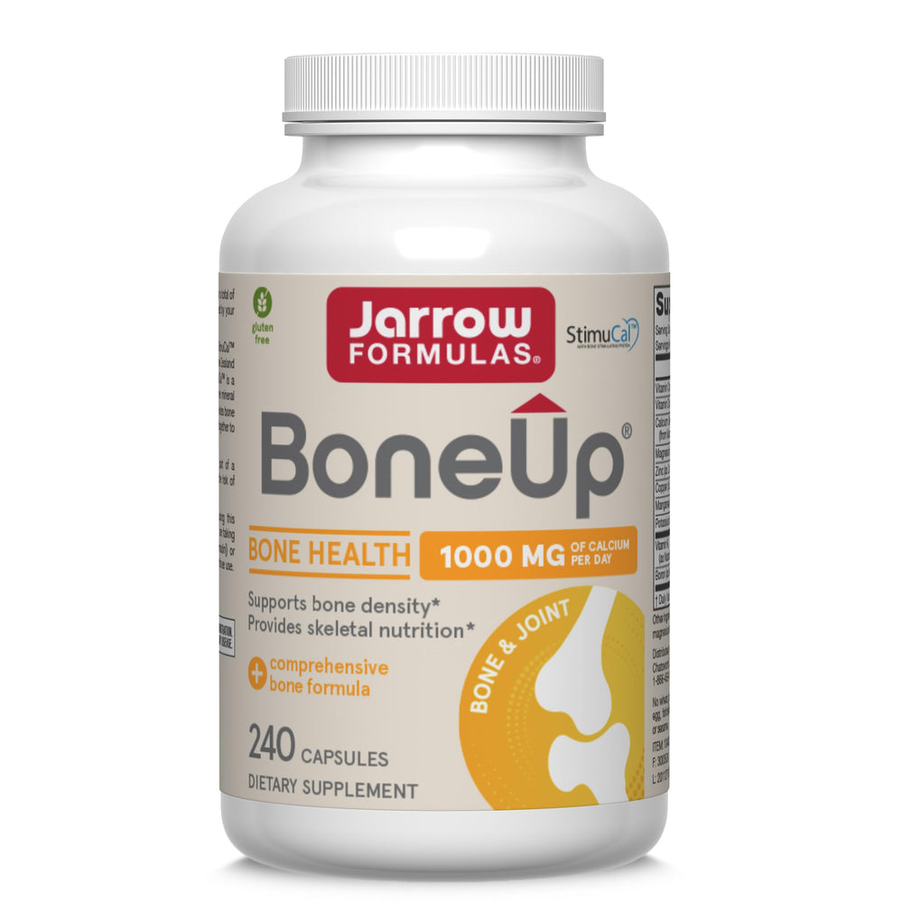 Jarrow Formulas BoneUp frente del envase, presentación clara y beneficios