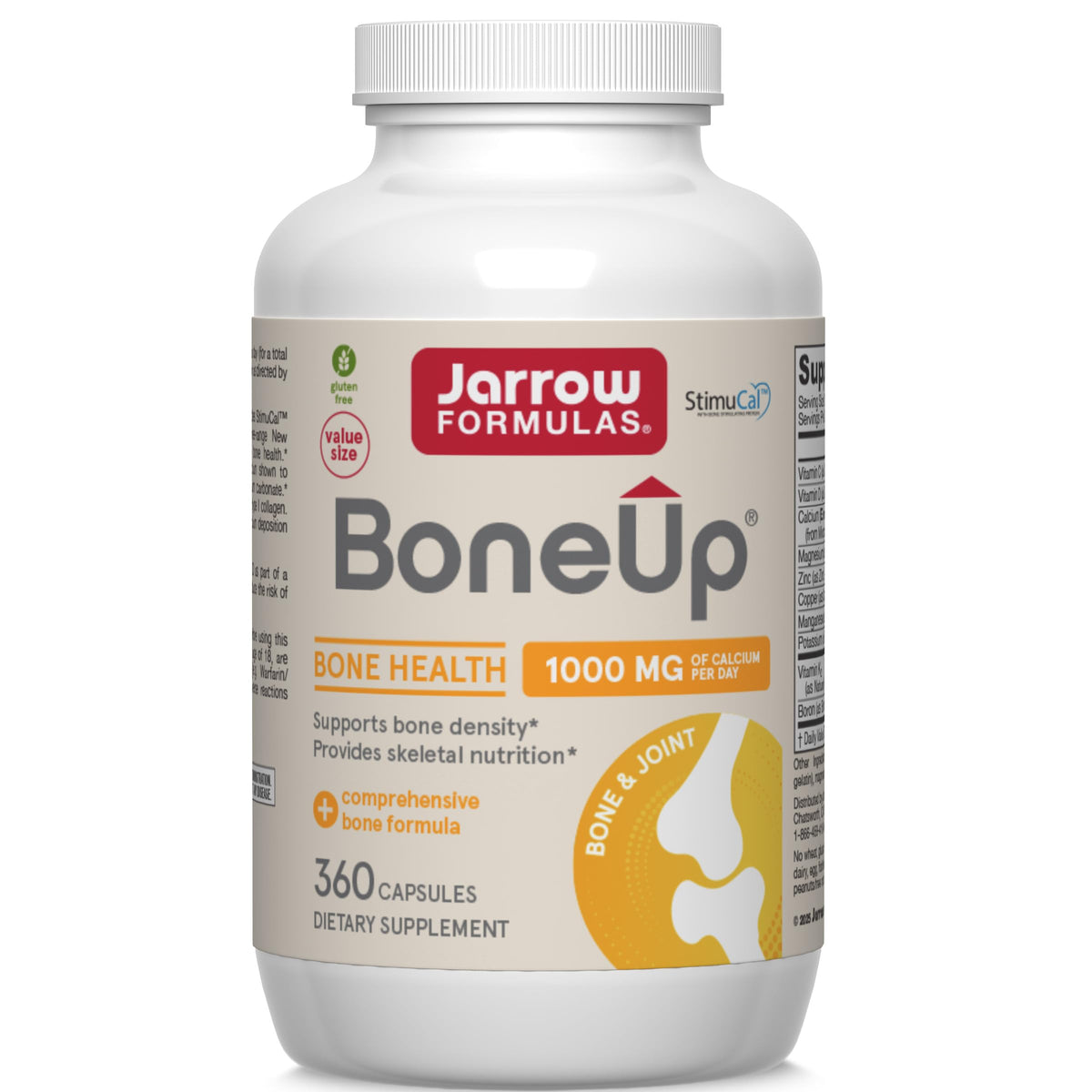 Jarrow Formulas BoneUp vista frontal mostrando el frasco y ventajas de suplemento