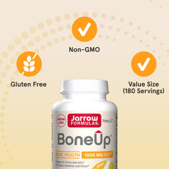 Jarrow Formulas BoneUp etiqueta con lista de ingredientes y beneficios nutricionales