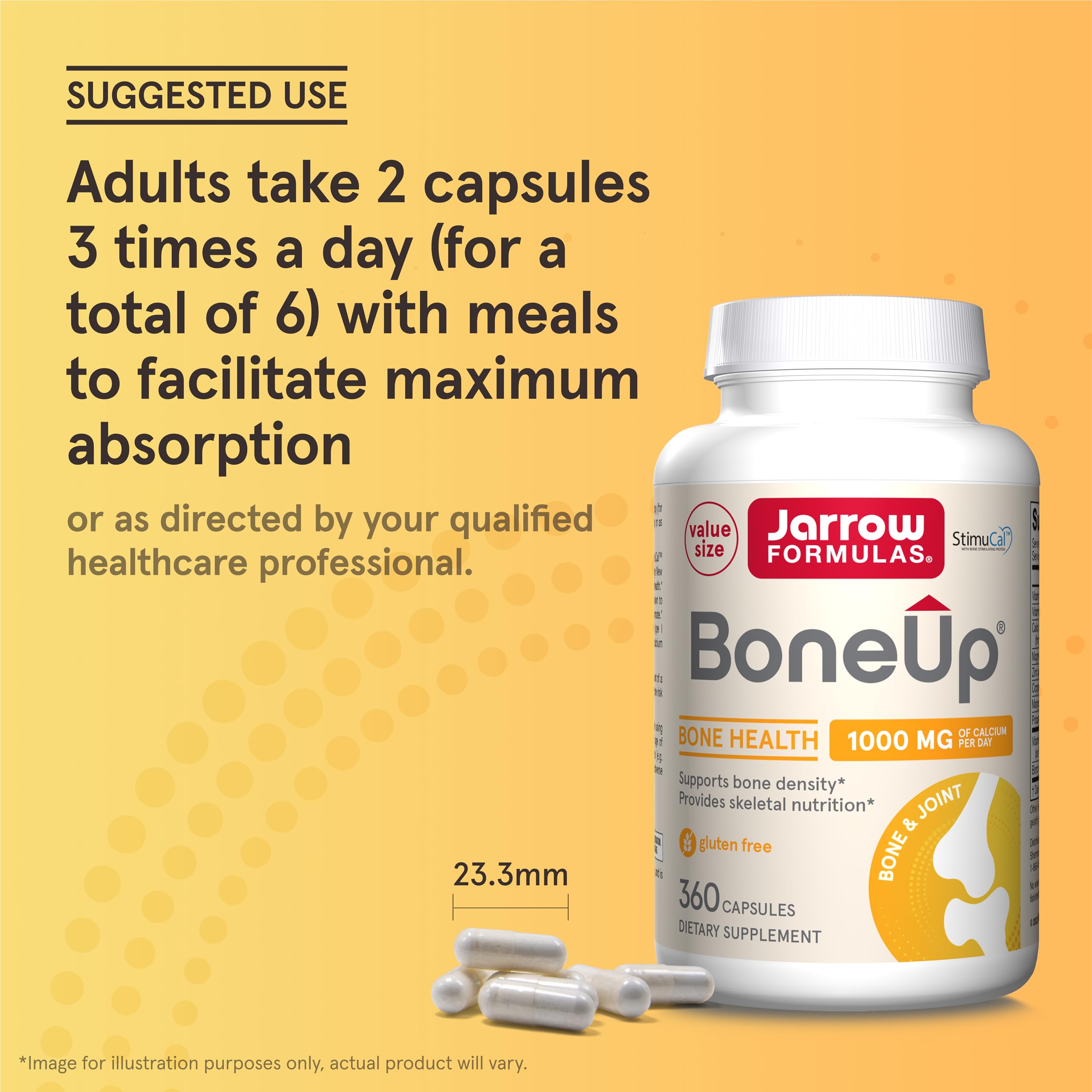 Jarrow Formulas BoneUp frasco junto a un vaso y planificador para uso diario sencillo