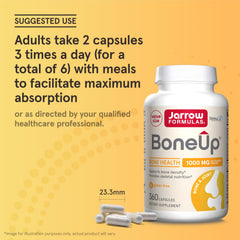 Jarrow Formulas BoneUp frasco junto a un vaso y planificador para uso diario sencillo