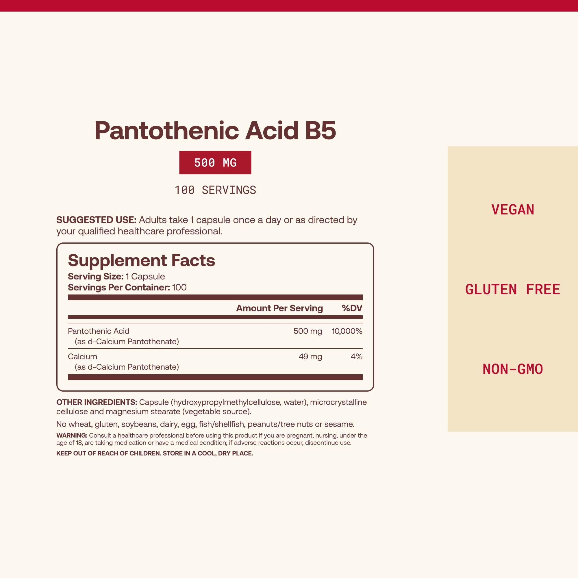Jarrow Formulas etiqueta con lista de ingredientes y ausencia de alérgenos