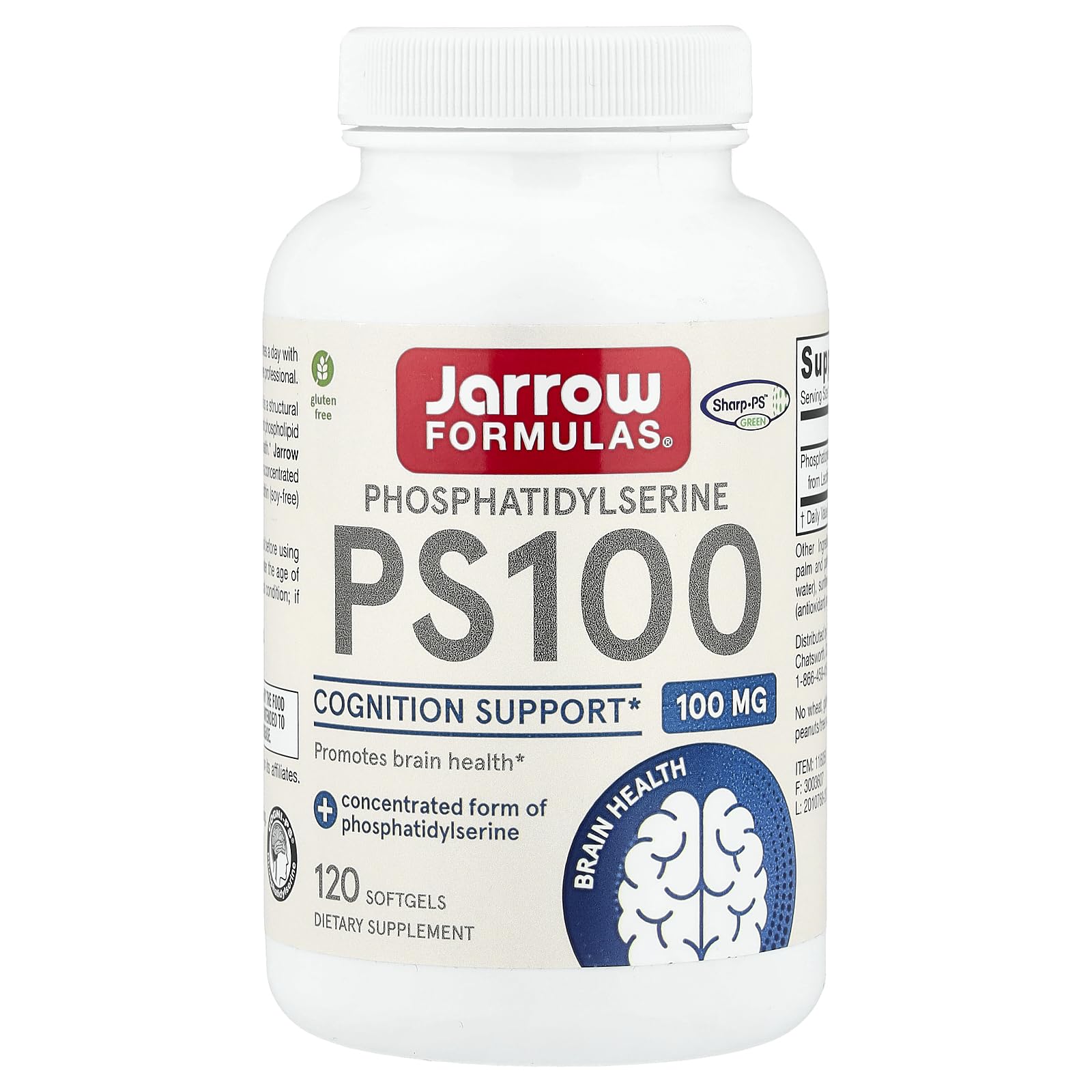 Jarrow Formulas frasco frontal PS100 mostrando etiqueta y beneficios claros