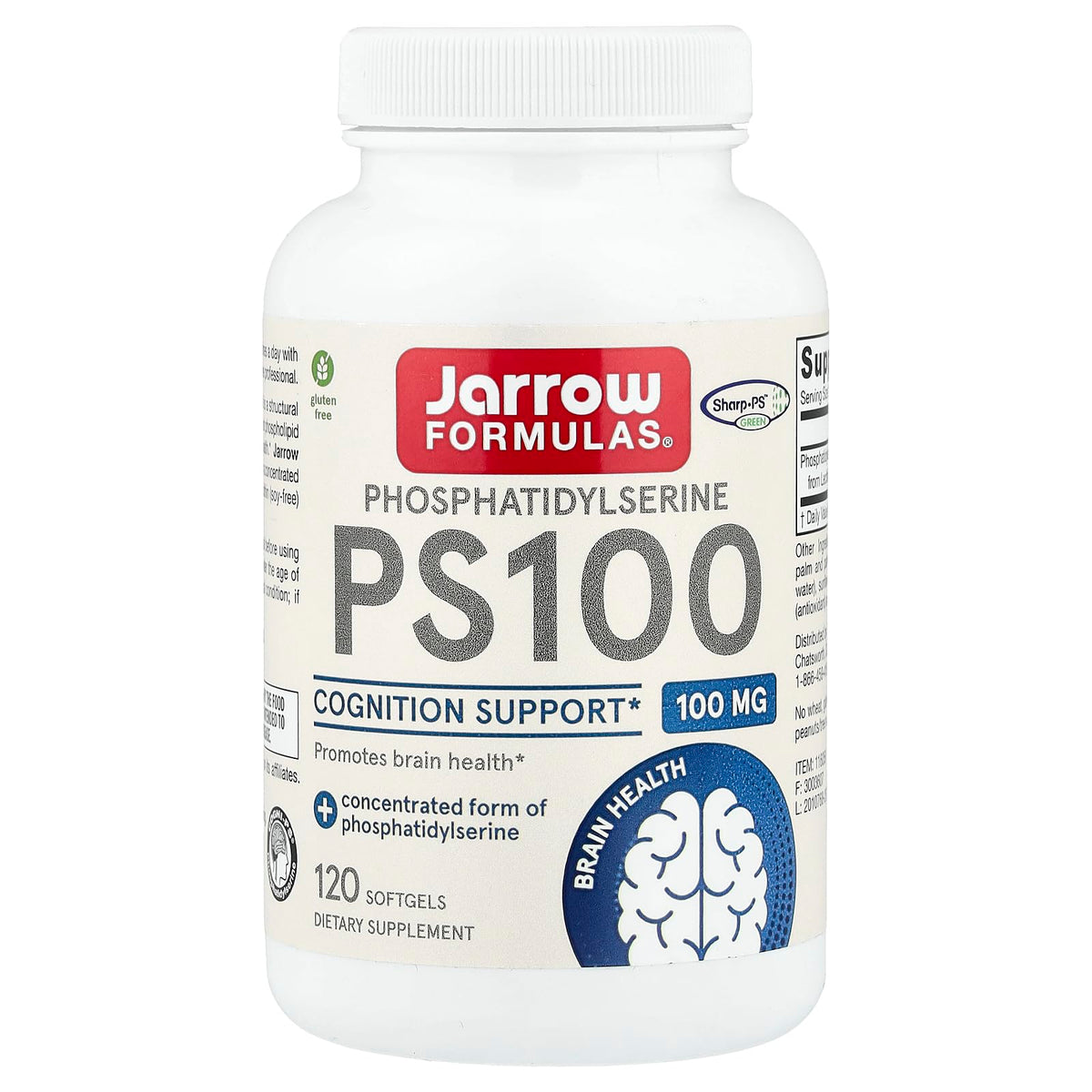 Jarrow Formulas frasco frontal PS100 mostrando etiqueta y beneficios claros