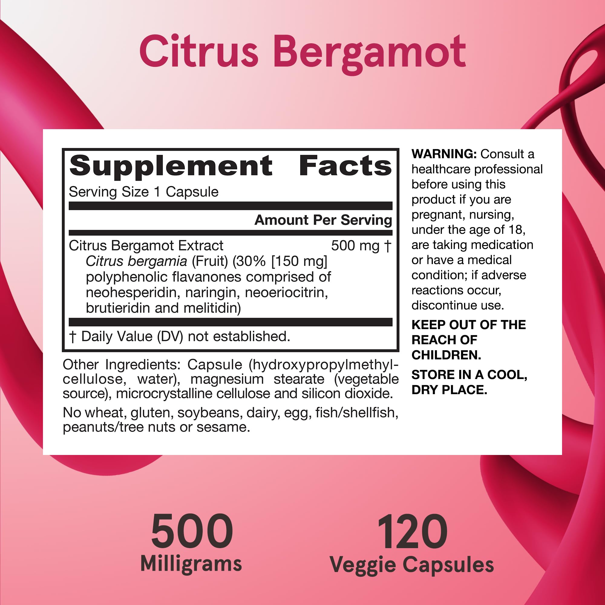 Jarrow Formulas ingredientes de bergamota en primer plano, pura fuente de polifenoles