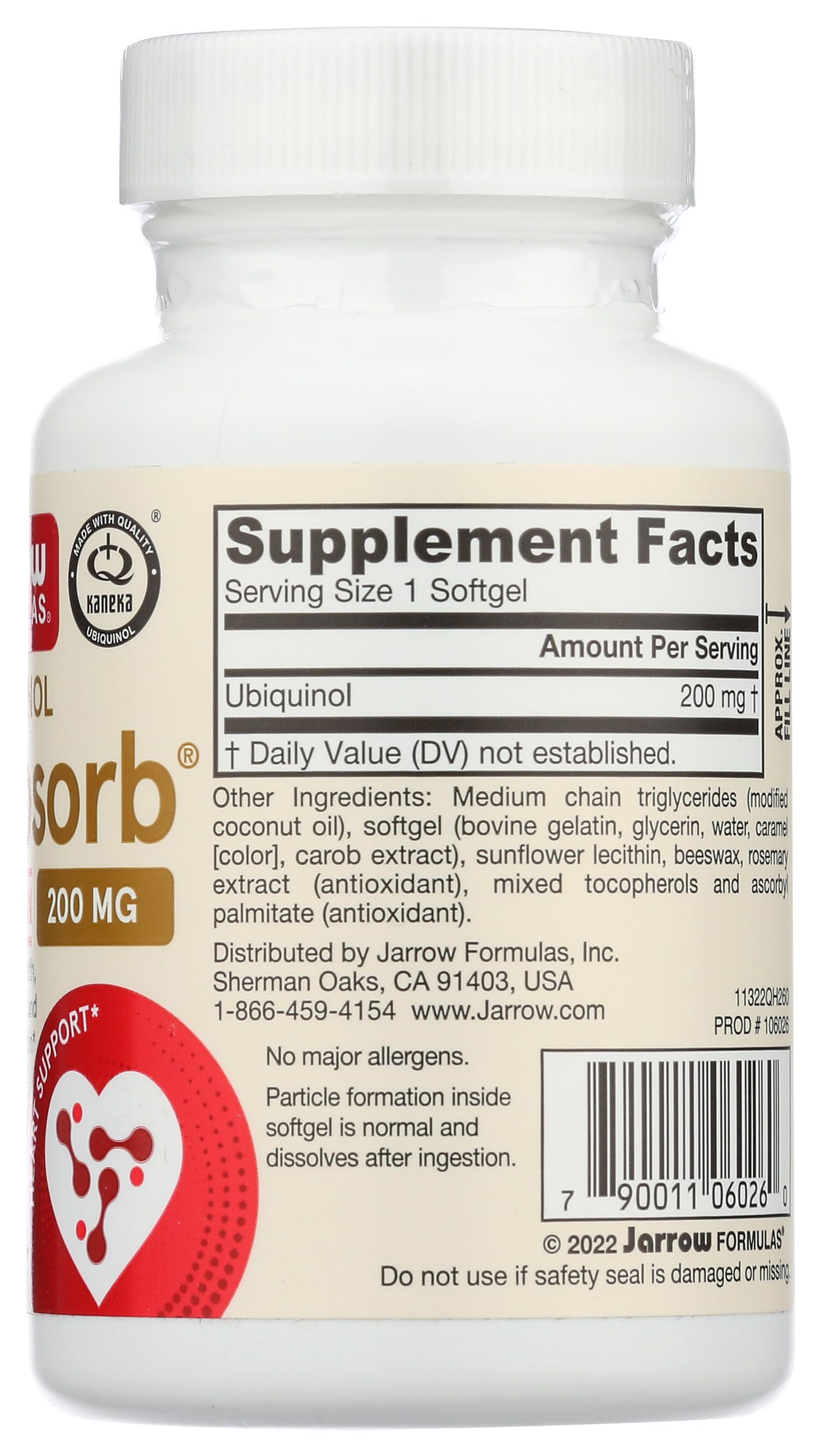 Etiqueta de Jarrow Formulas QH Absorb mostrando información de ingredientes y dosis