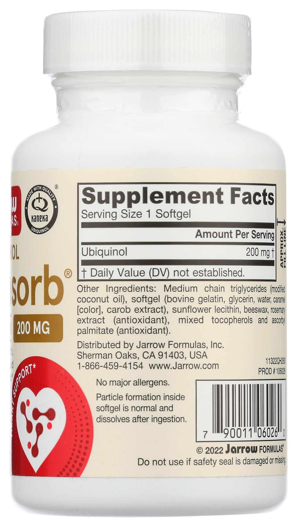 Etiqueta de Jarrow Formulas QH Absorb mostrando información de ingredientes y dosis