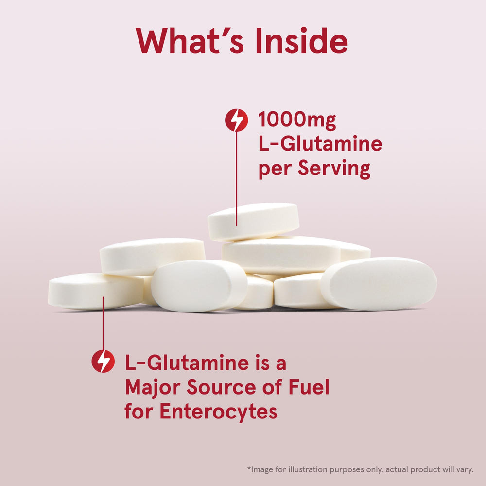 Tableta de Jarrow Formulas L-Glutamine en mano para comparar escala y facilitar dosis