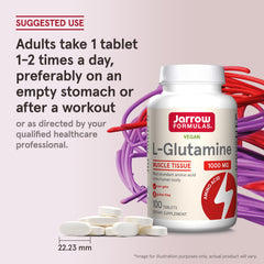 Frasco abierto de Jarrow Formulas L-Glutamine mostrando la cantidad de tabletas