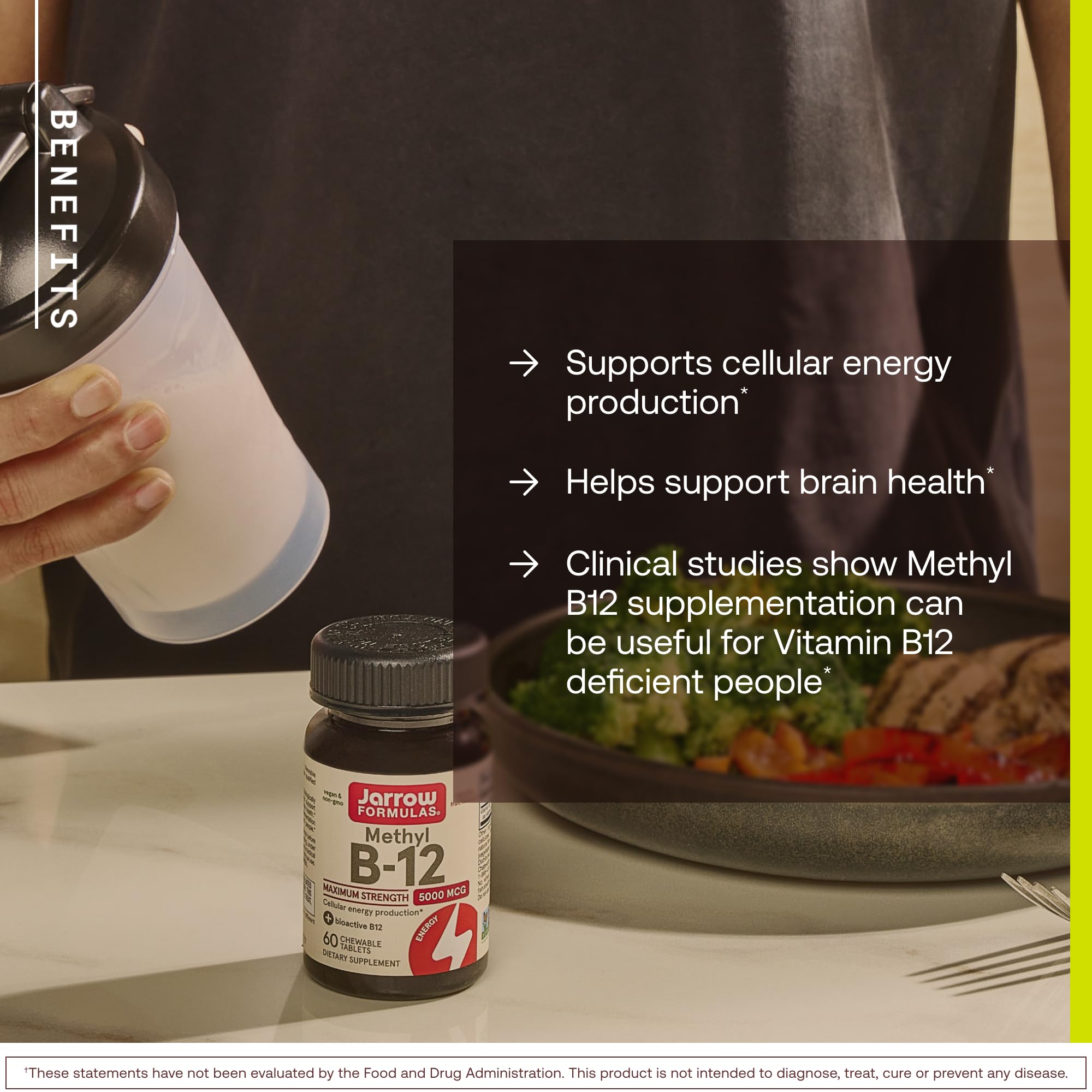 Jarrow Formulas tabletas masticables apiladas destacando dosificación 5000 mcg