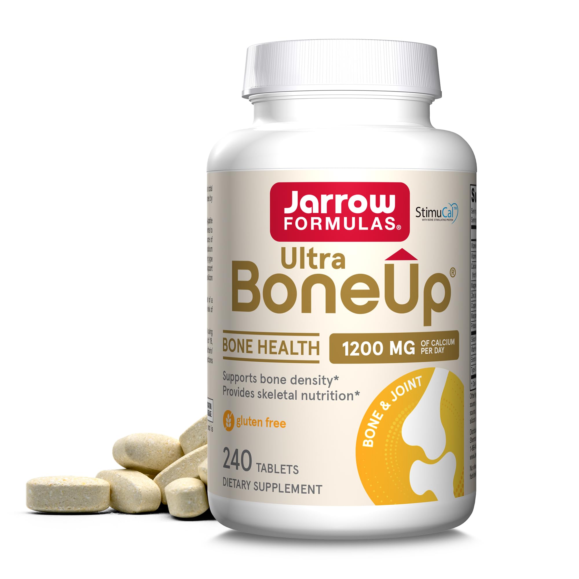 Jarrow Formulas Ultra BoneUp frontal mostrando la botella y beneficios