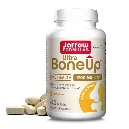 Jarrow Formulas Ultra BoneUp frontal mostrando la botella y beneficios