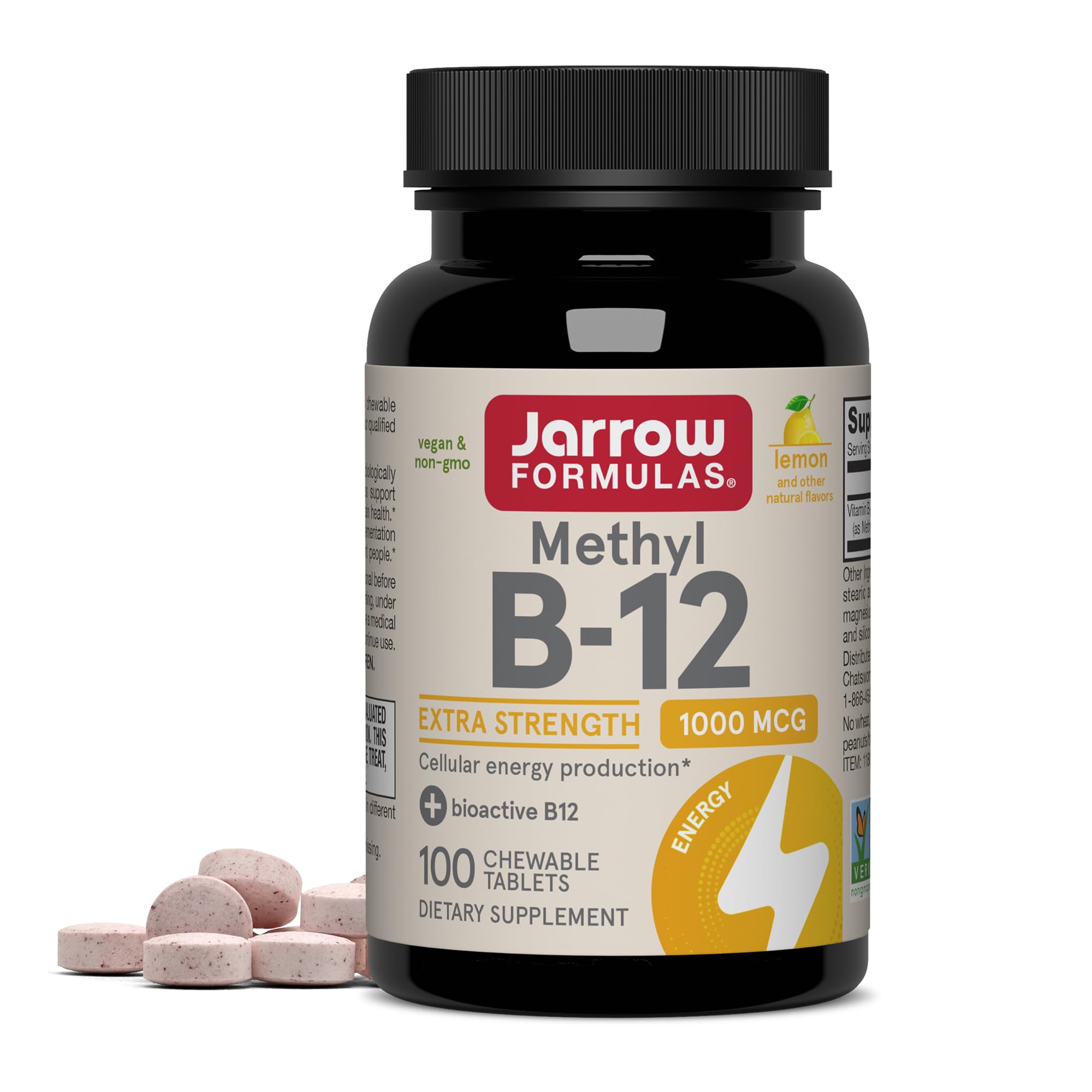 Jarrow Formulas frasco frontal de Methyl B-12 mostrando el envase y beneficios