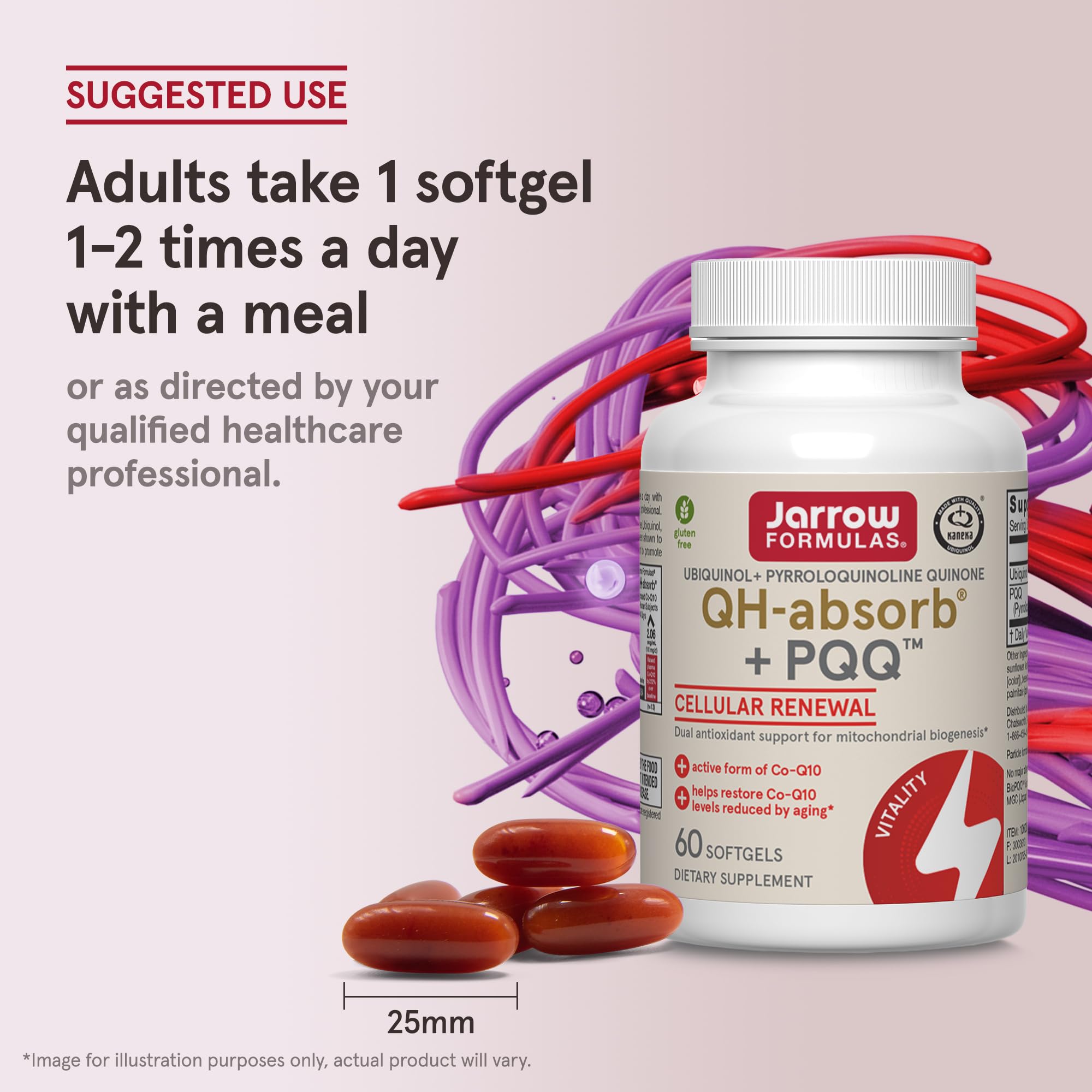 softgel Jarrow QH-Absorb + PQQ en la palma para comparar tamaño y facilitar la dosificación