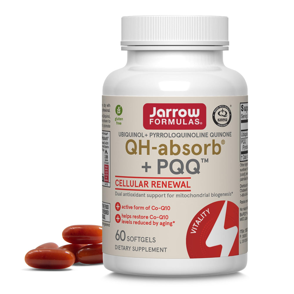 Jarrow Formulas frasco frontal de QH-Absorb + PQQ mostrando la presentación y cantidad