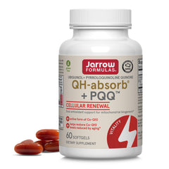 Jarrow Formulas frasco frontal de QH-Absorb + PQQ mostrando la presentación y cantidad