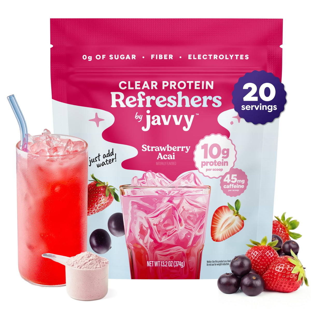 Javvy empaque frontal Strawberry Berry Acai mostrando etiqueta clara y beneficios