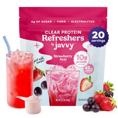Javvy empaque frontal Strawberry Berry Acai mostrando etiqueta clara y beneficios