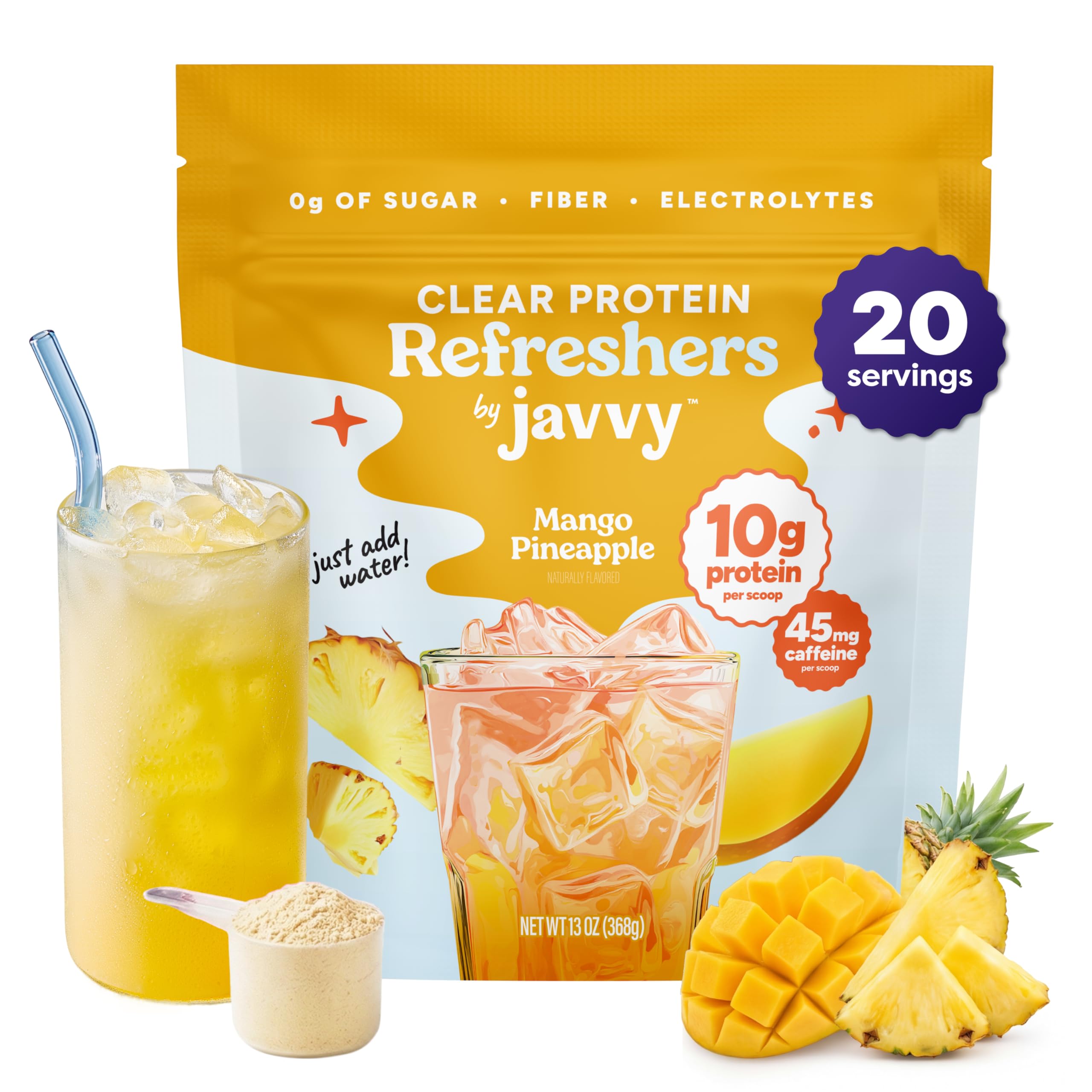 Javvy envase frontal piña mango mostrando diseño y beneficio refrescante