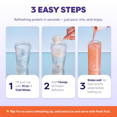 Vaso con Javvy Peach Passion bebida clara que refresca y aporta proteína