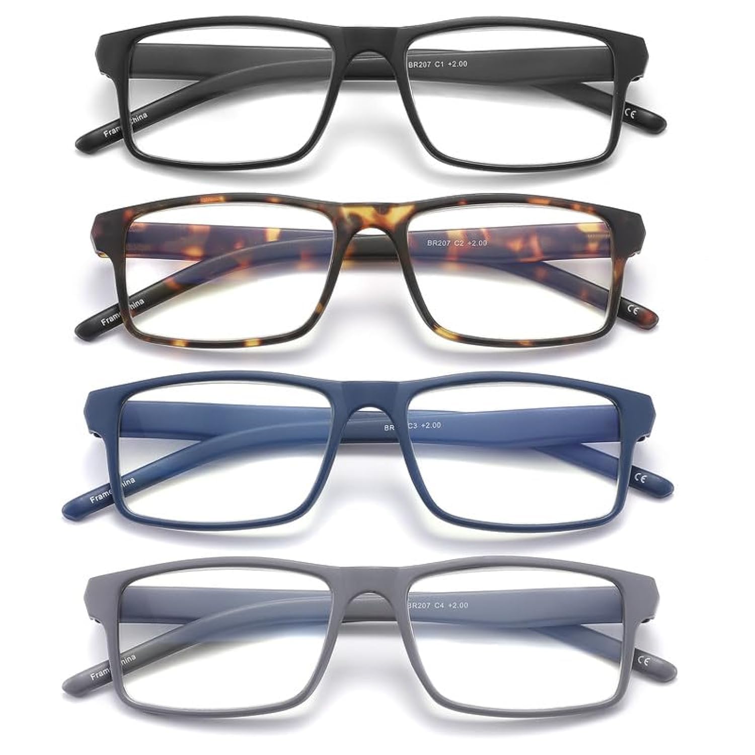 JAWSOCK vista frontal del pack de cuatro gafas con lectura 1.5x y diseño rectangular, ideal para tener repuestos