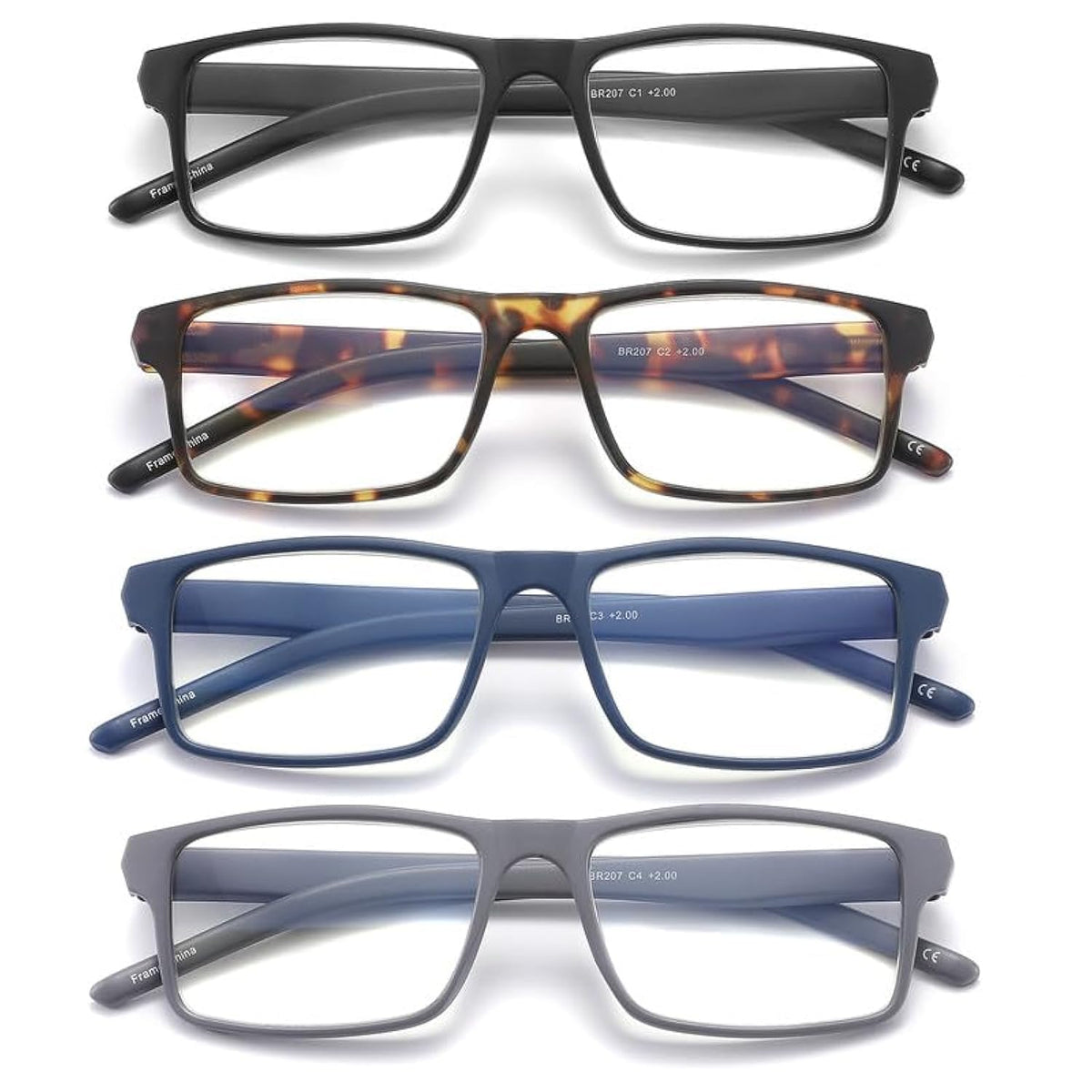 JAWSOCK vista frontal del pack de cuatro gafas con lectura 1.5x y diseño rectangular, ideal para tener repuestos