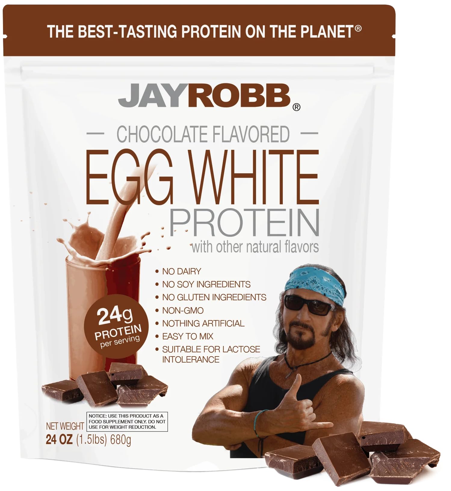 JAYROBB empaque frontal de proteína de clara de huevo chocolate, información clara