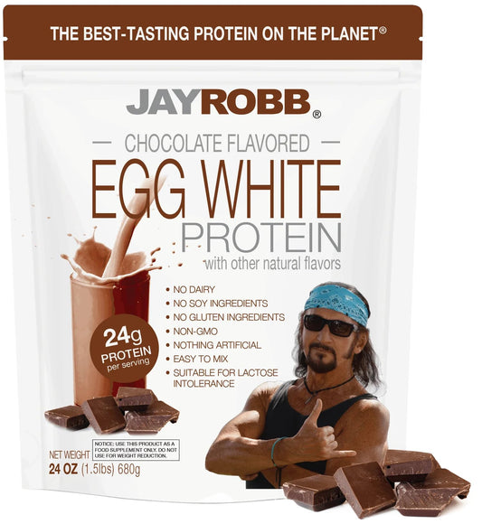 JAYROBB empaque frontal de proteína de clara de huevo chocolate, información clara